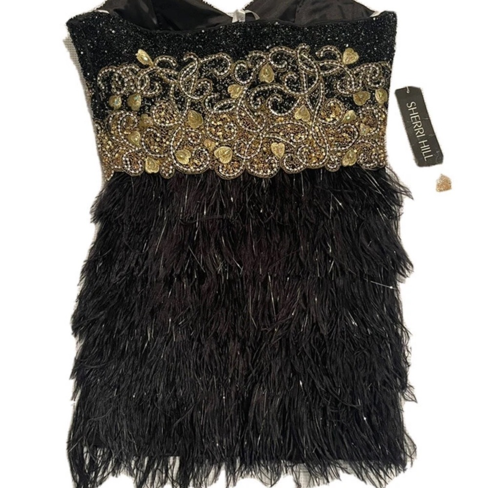 Sherri Hill Rare Vintage Ostrich Feather Black and Gold Dress - Picture 2 of 3